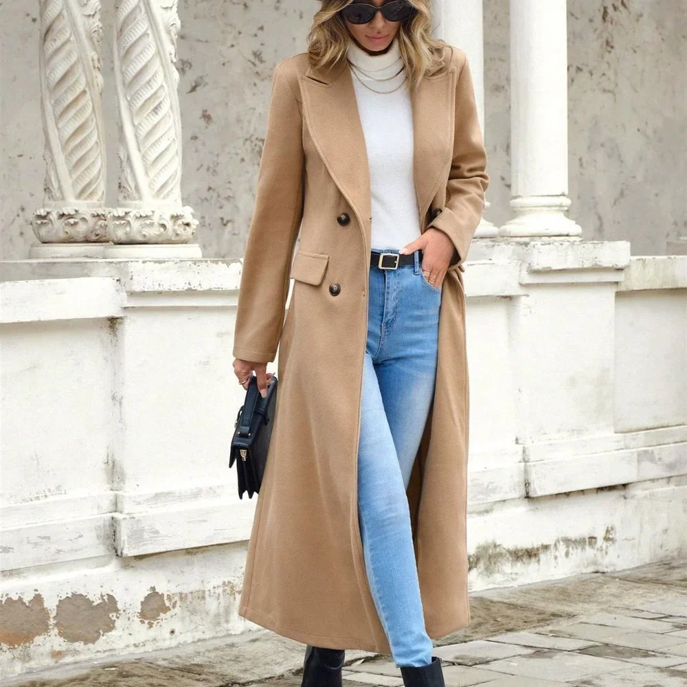 Khaki Casual Womens Lapel Neck Double Breasted Overcoat - Picture 5 of 5